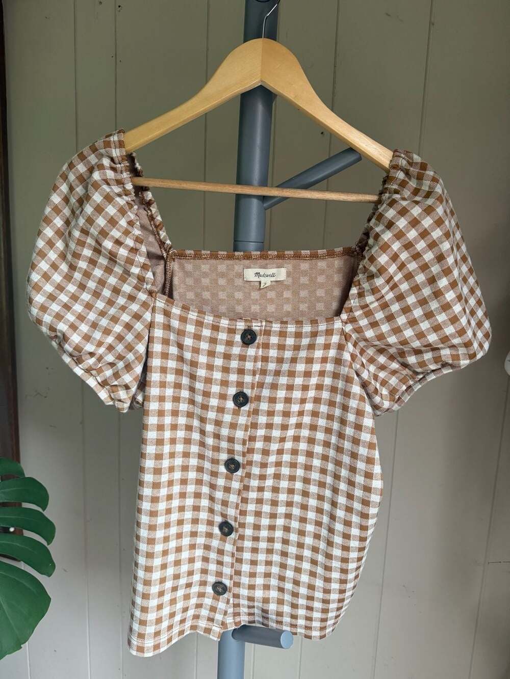 Madewell Gingham Jacquard Square-Neck Puff-Sleeve Top in Saddle Brown